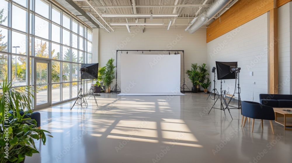 Poster collaborative learning space featuring photography setup in modern studio bright environment engagin