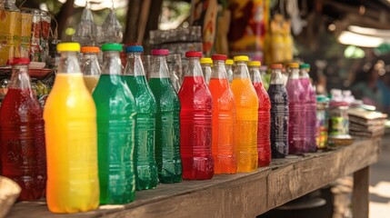 A display of colorful masala soda bottles in a summer market