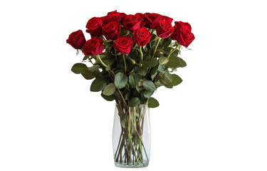  Red roses in a vase on a table, with a white wall background (2)