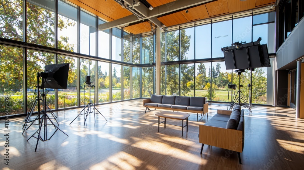 Poster collaborative learning space with photography setup in modern environment bright and spacious profes