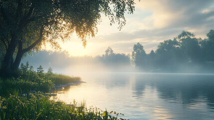 Fototapeta premium Tranquil river scene with morning mist and trees.