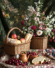 Two wicker baskets filled with fresh bread, apples, and vibrant flowers, creating a warm, rustic scene.