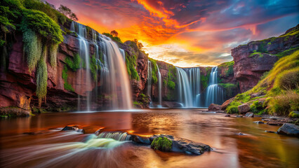 Breathtaking waterfalls cascading into serene pool at sunset