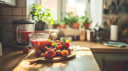 A kitchen scene featuring fresh berries and blender ready to create a smoothie