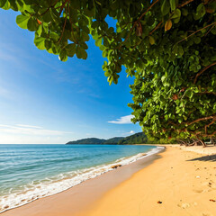 The image portrays a tranquil tropical beach setting, ideal for evoking a sense of relaxation and natural beauty.