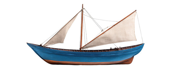 A detailed model of a traditional sailing boat with sails. transparent background