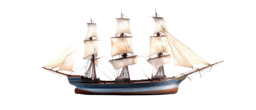 A detailed model of a classic sailing ship with billowing sails. transparent background