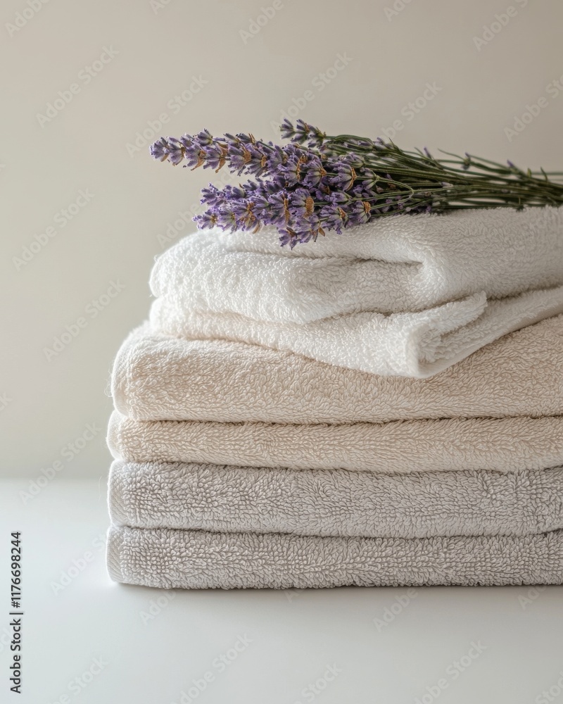 Poster a serene arrangement of soft towels with a touch of lavender, creating a calming spa-like atmosphere