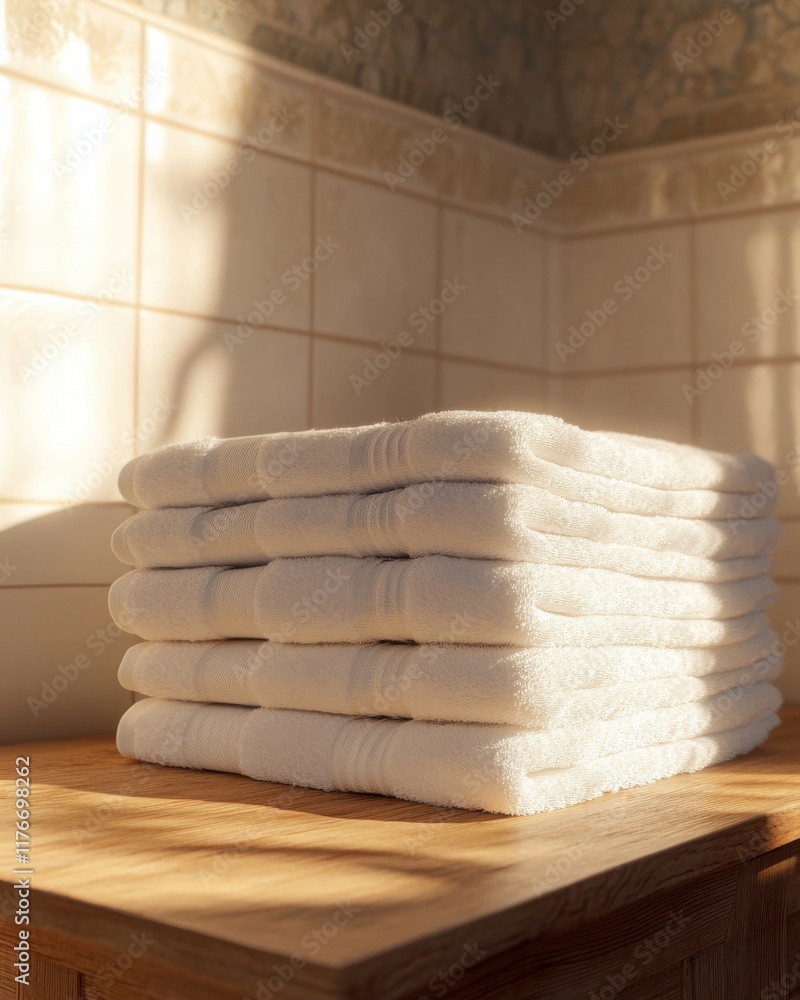 Poster neatly stacked white towels in a bright bathroom setting, creating a serene and inviting atmosphere.