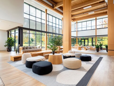 Collaborative learning space with therapeutic benefits modern architecture interior design open environment wide-angle view wellbeing concept