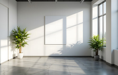 Obraz premium A 3D rendering of a stylish sunlit office with a blank white backlit wall and a green plant on a concrete floor, providing a perfect place for advertising poster placement