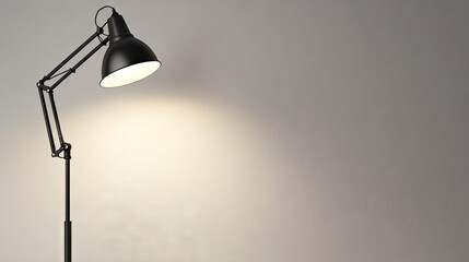 A modern Zoom room setup featuring neutral tones, light gray walls, and a reading lamp