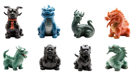 Naklejka premium Colorful dragon figurines of various styles. transparent background