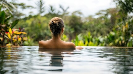 Fototapeta premium A peaceful tropical escape with a woman savoring the moment in an infinity pool