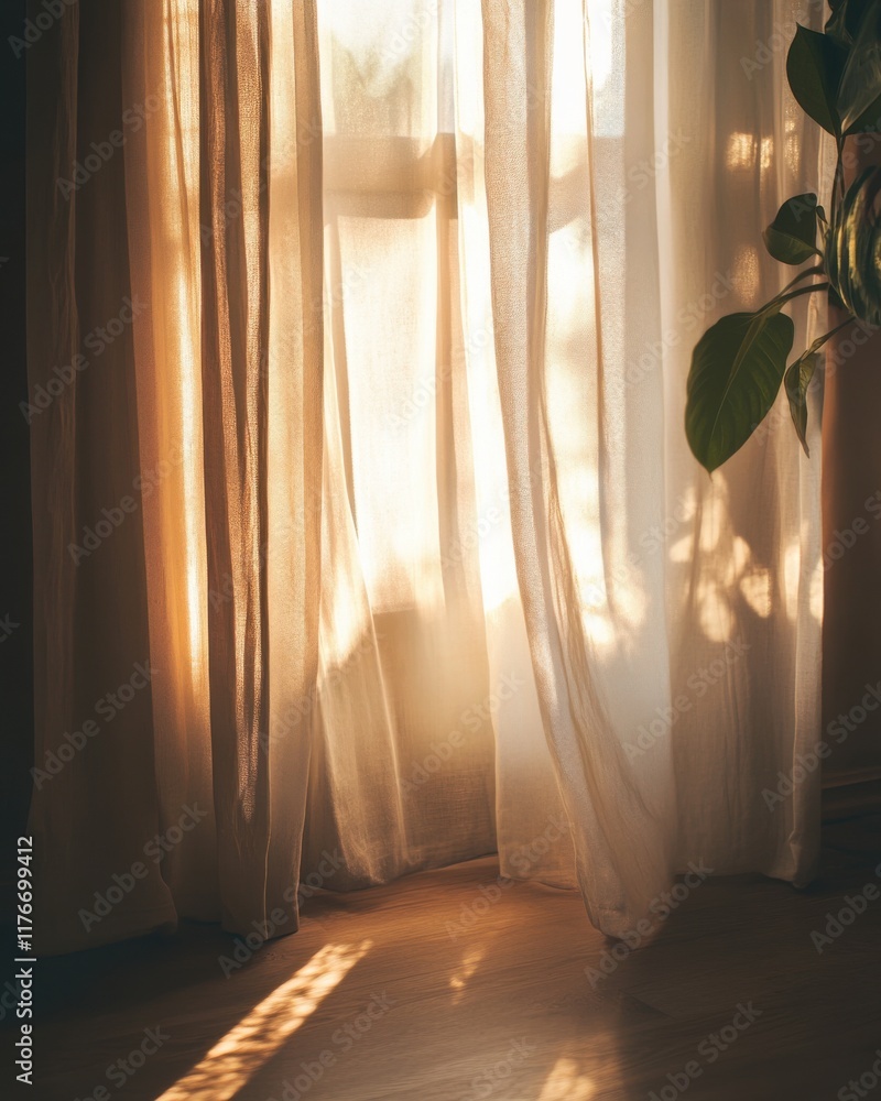 Poster soft light filters through sheer curtains in a warm, inviting interior, creating a serene atmosphere