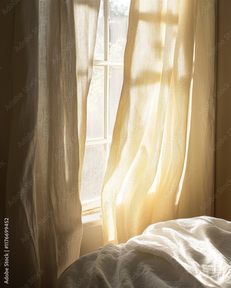 Poster soft sunlight streams through sheer curtains, creating a warm and inviting atmosphere in a cozy room