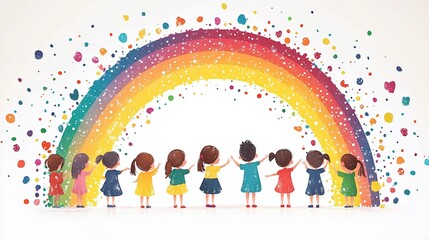 A colorful illustration of children standing under a rainbow, celebrating diversity and joy.