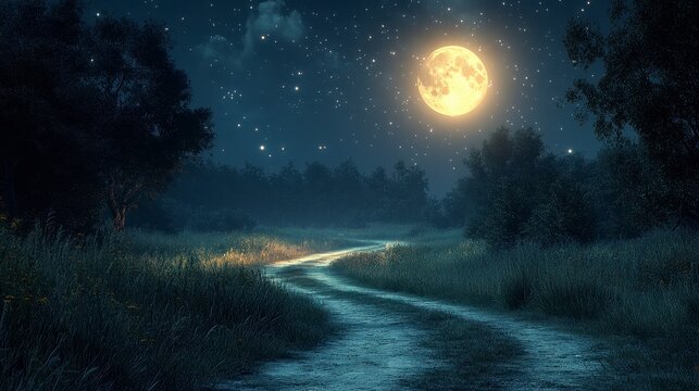 Moonlit country road winding through a grassy field under a starry night sky.