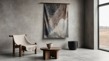 A professional Zoom background featuring light gray walls and an abstract wall hanging