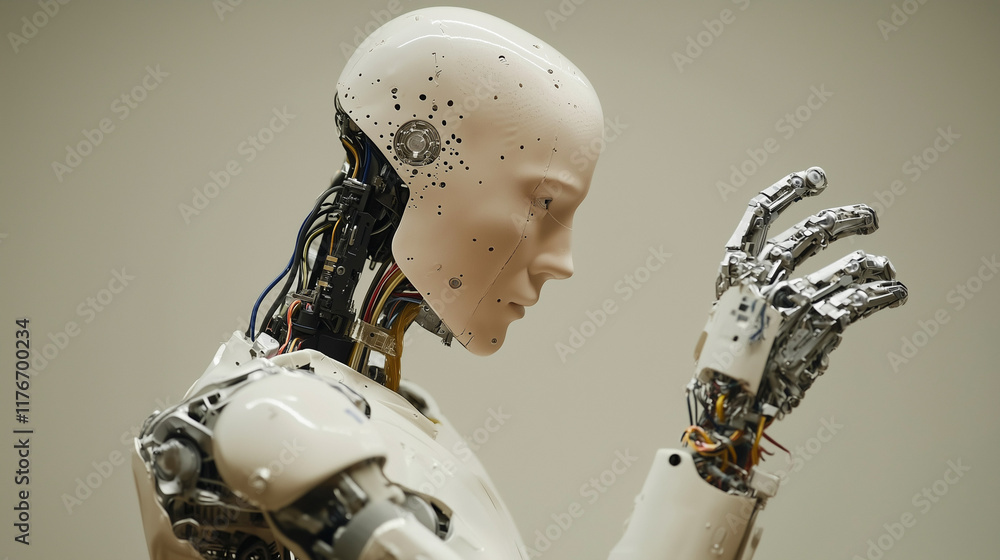 Aufkleber contemplative android: close-up of a humanoid robot's head and hand, showcasing intricate mechanical