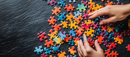 Colorful Puzzle Pieces Being Assembled on a Dark Surface