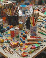Fototapeta premium A vibrant artist's workspace cluttered with colorful paints and brushes in various containers.