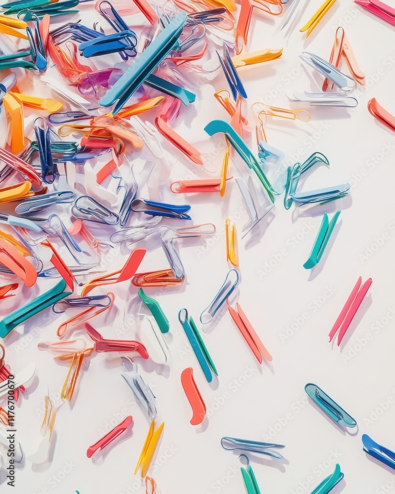 Poster a vibrant array of colorful paperclips scattered across a white surface, creating an eye-catching vi
