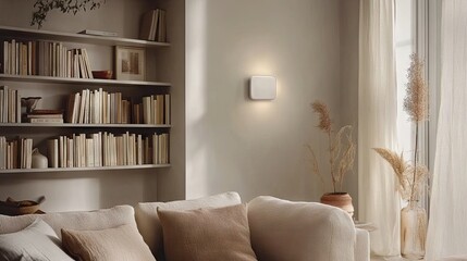 A simple yet elegant Zoom room with light gray tones and a neatly arranged bookshelf