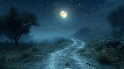 Naklejka premium Moonlit night scene, winding road through misty countryside under a full moon and starry sky.
