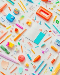 Colorful assortment of stationery items arranged creatively, showcasing a vibrant workspace.