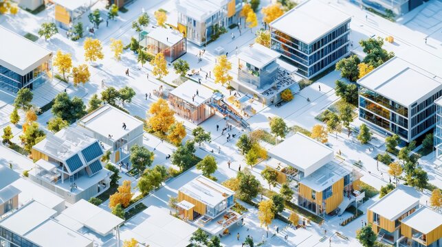 Innovative community development projects design focusing on urban spaces modern architecture digital renderings aerial view sustainable living concepts