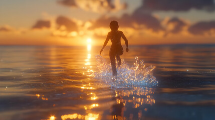 Sunset Silhouette 3D Illustration: Figure Walking on Water