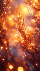 Fototapeta premium Blurred glowing bokeh lights in soft golden tones peeking through pine branches creating a minimalist seasonal design style comic book style
