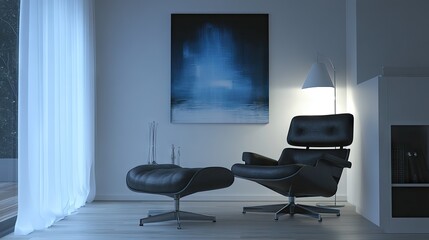 A sleek Zoom room setup with light gray walls, modern furniture, and soft lighting accents