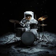 An astronaut playing drums on the moon, front view.