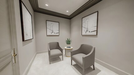 A stylish and professional Zoom room setup with light gray hues and decorative accessories