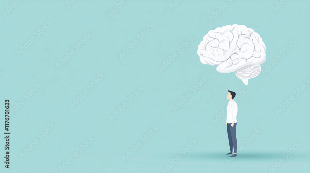 Poster mindful thinking: a man contemplates a large brain in a thought bubble, symbolizing introspection, i