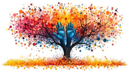 A vibrant tree with colorful leaves and blue hands symbolizes growth and creativity.