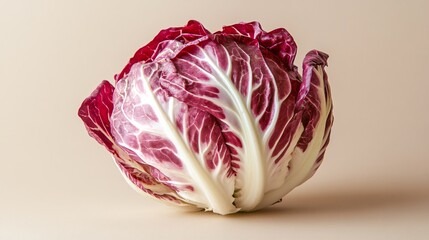 Obraz premium A fresh radicchio head, isolated on a neutral beige background, showcasing its vibrant color and crisp texture