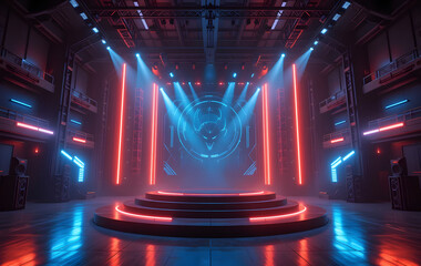 A dark warehouse with glowing LED lights, a futuristic stage, and a virtual night blue cyber alien spaceship creates a 3D rendering of a concert showroom podium in a laser-lit studio