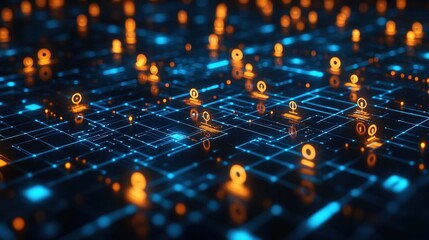Obraz premium A digital network of glowing nodes and connections, representing data flow and technology.