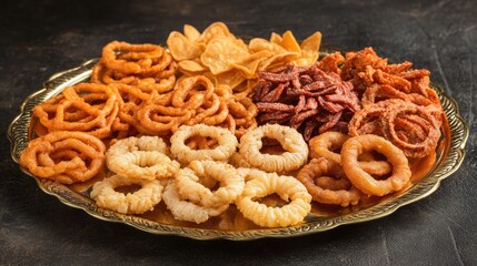 A traditional brass plate filled with varieties of murukku and banana chips