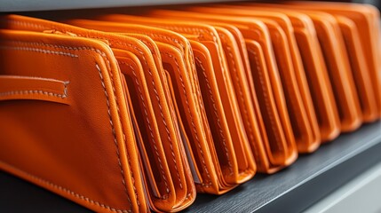 Neat row of orange leather wallets on shelf.