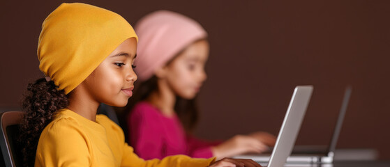 Mixed race schoolgirls engaged in collaborative learning on a laptop in a vibrant classroom setting