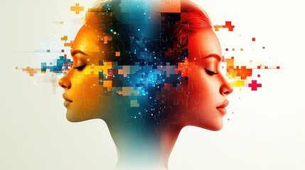 A digital artwork depicting two female profiles merging with colorful abstract elements.