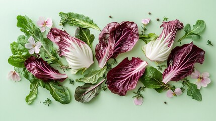 A springtime presentation of radicchio leaves with flowers and fresh herbs, isolated on a light green background