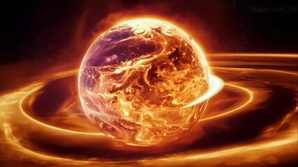 fiery planet forming dynamically, surrounded by glowing rings of dust and swirling cosmic gases. - Powered by Adobe