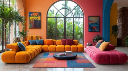 A vibrant living room featuring colorful sofas, artwork, and tropical plants.