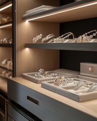Elegant display of sparkling gold and diamond bracelets in a luxury jewelry store.