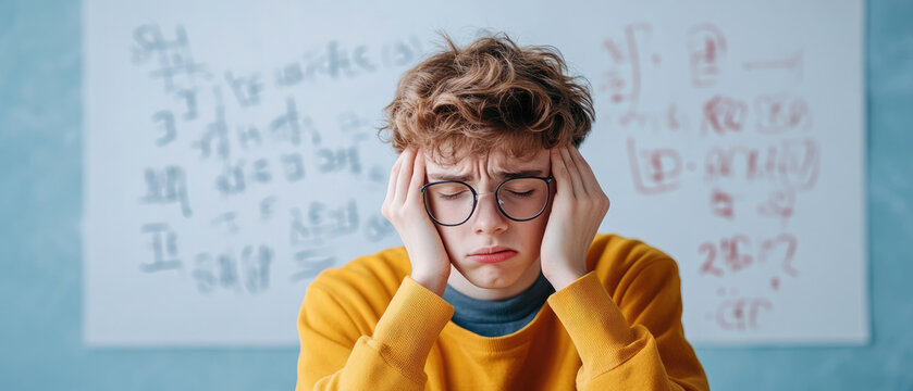 High school student struggling with math equation at whiteboard, tension visible, classroom setting, peers observing, academic pressure evident - Powered by Adobe